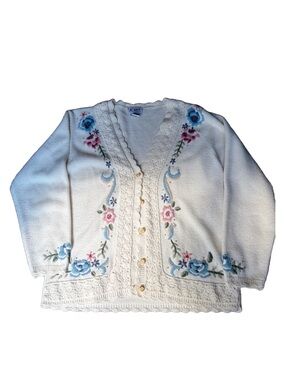 Koret Cream Floral Embroidered Button-Up Sweater Cardigan